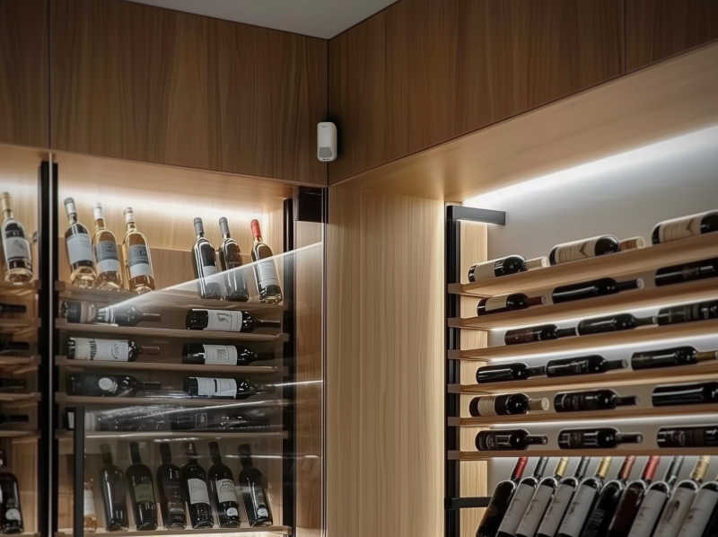 Ein weißer Ajax Motion Protect G3 Bewegungsmelder in der Ecke  montiert überwacht den Verkaufsraum eines Weinhändlers